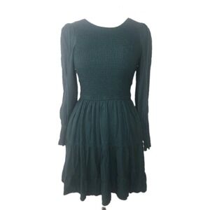 Merokeety Size Small Hunter Green Smocked Long‎ Sleeve Mini Dress Pockets